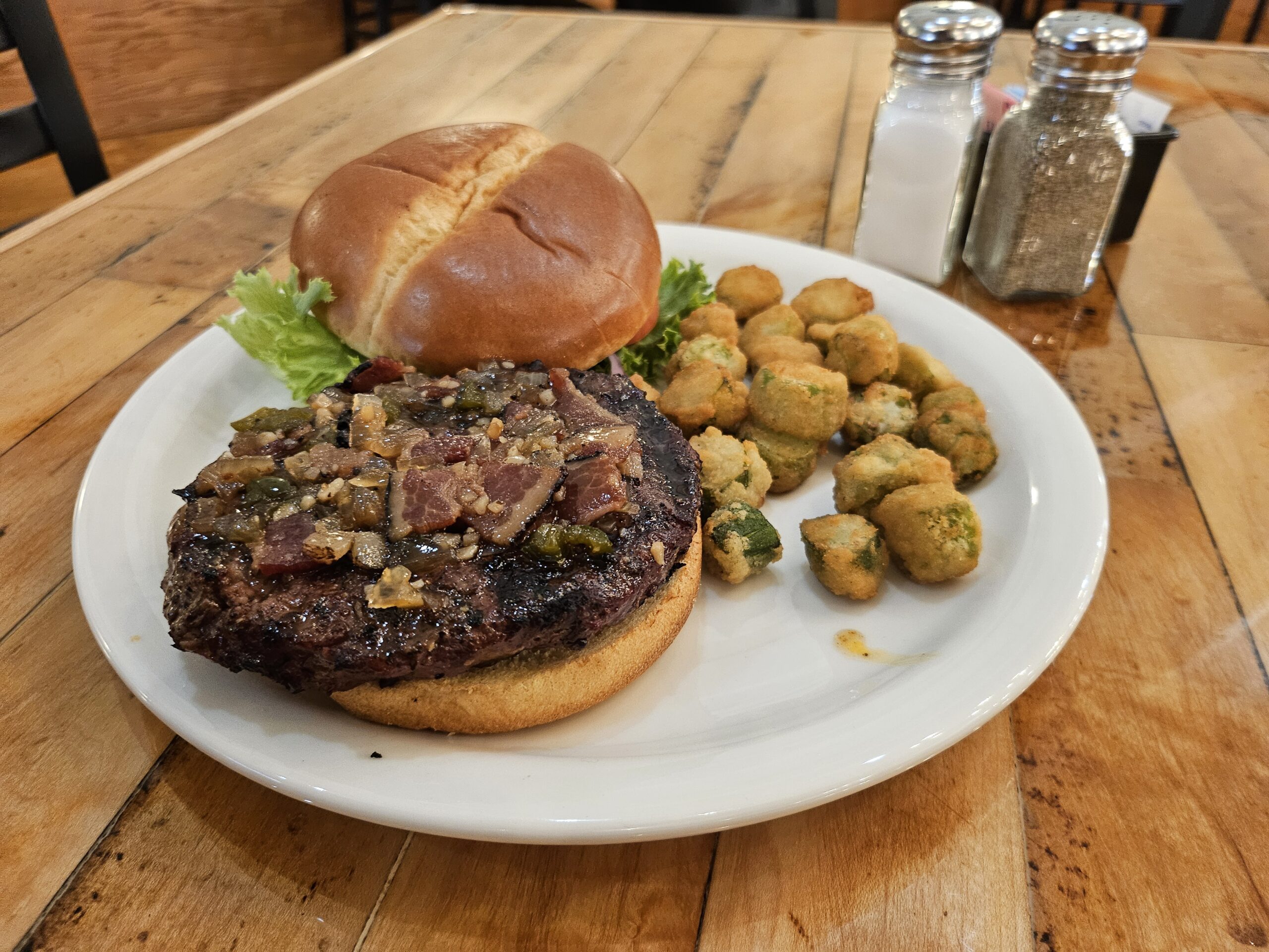 Chef’s Bacon Jam Burger with fried okra at Freeman’s Restaurant in El Reno