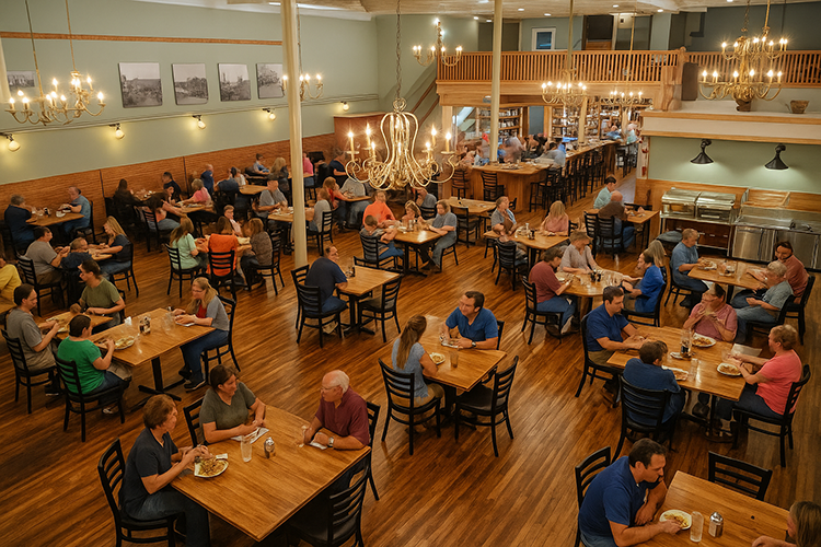 Freeman’s Restaurant spacious dining room with chandeliers, hardwood floors, and bar area